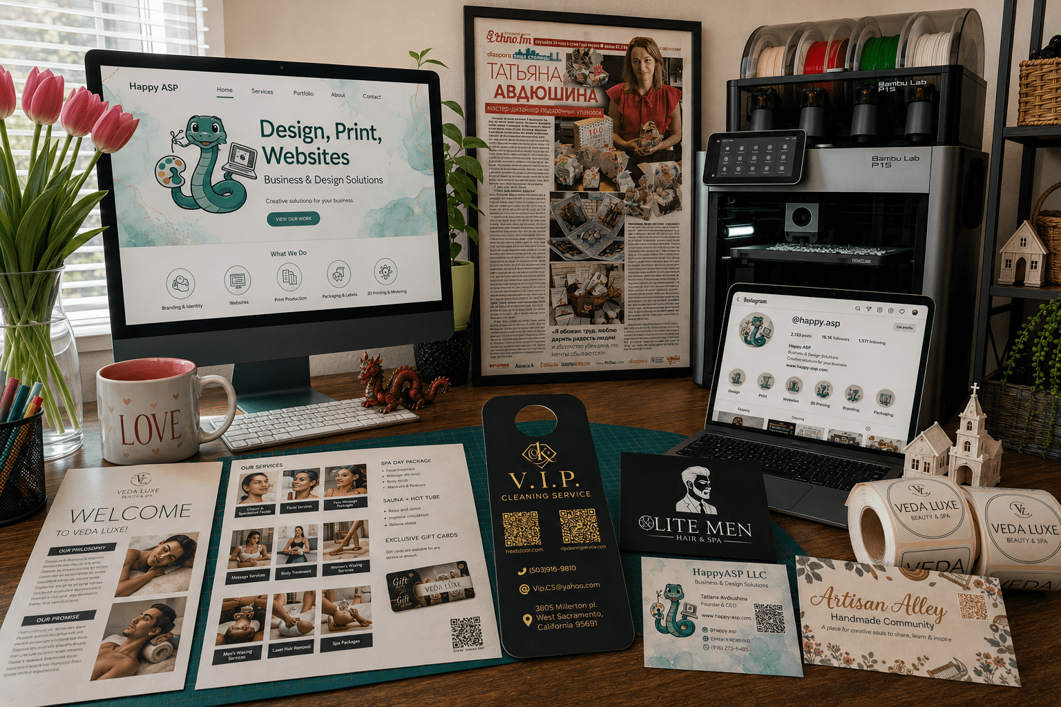 Creative workspace with 3D printer and design samples