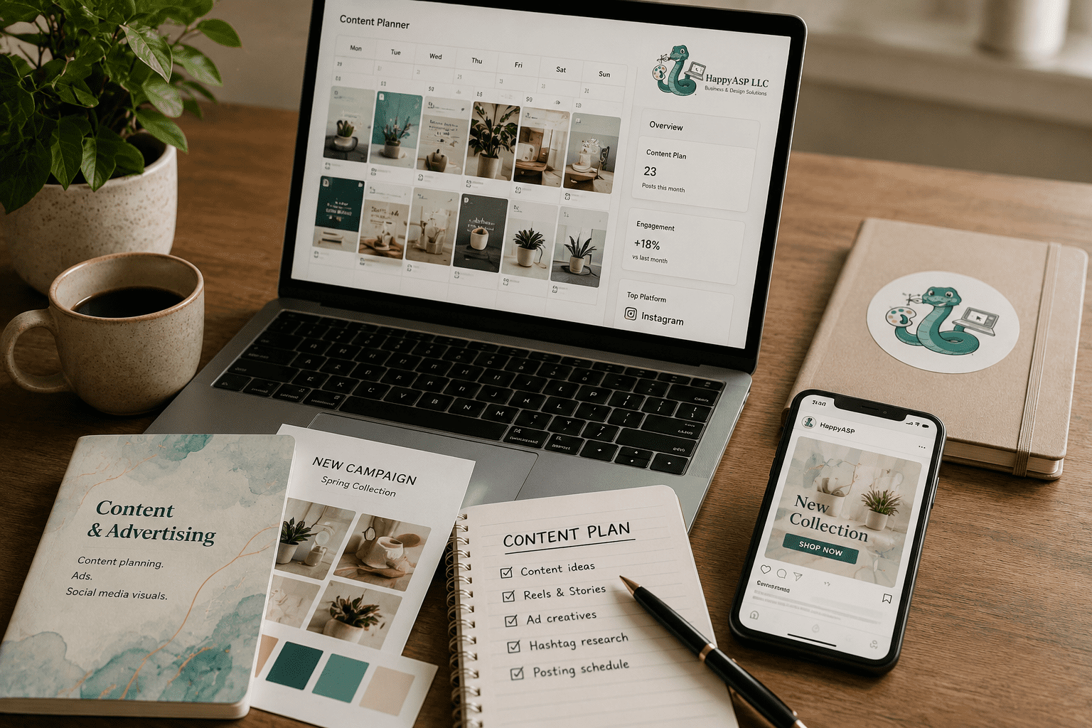 Creative workspace with camera and marketing materials