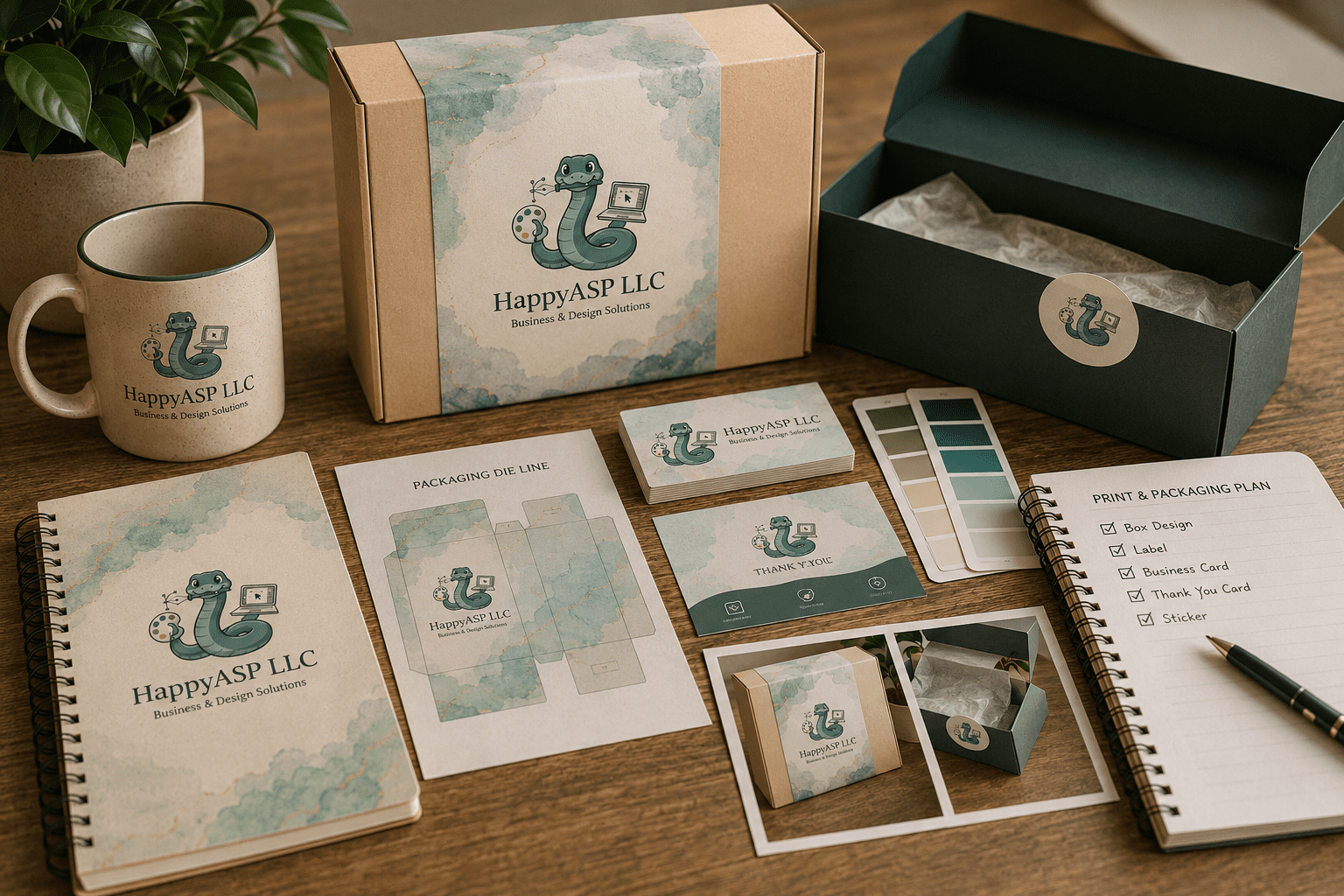 Comprehensive brand style guide layout on a wooden desk